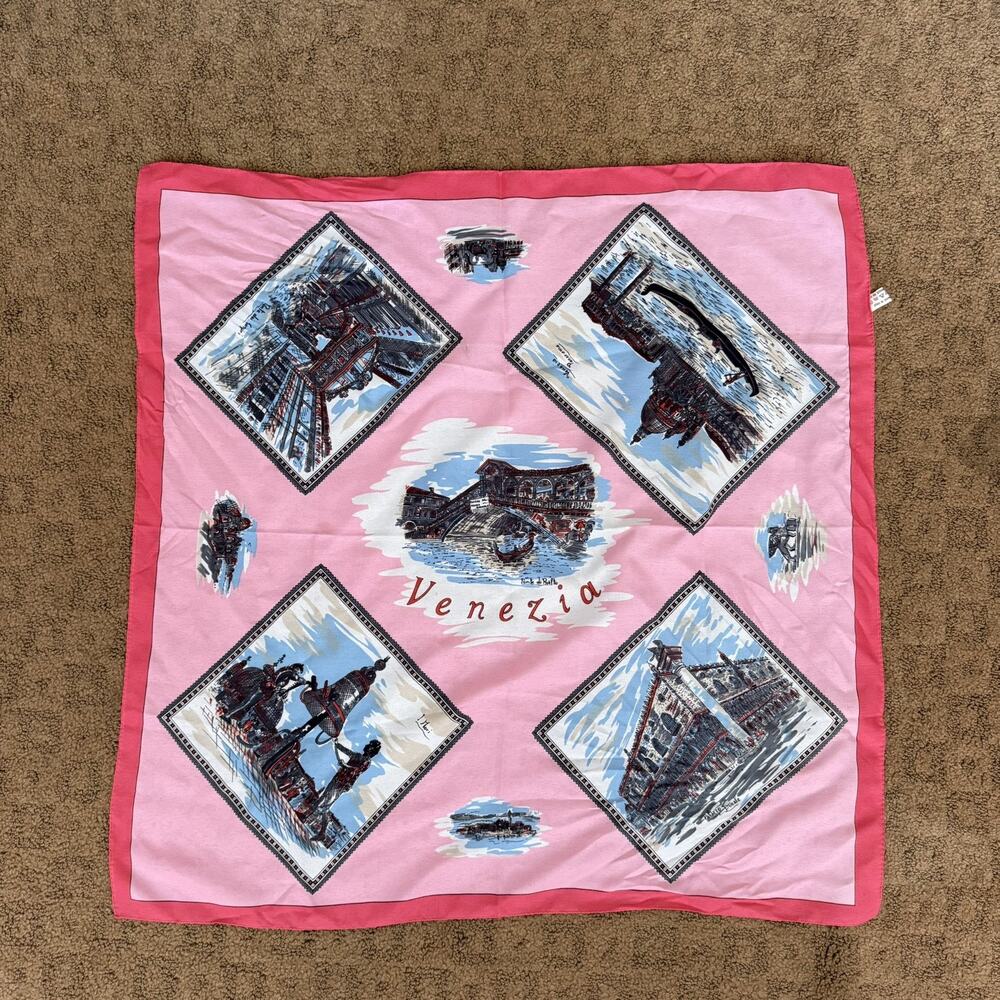 Acetate Vintage Pink Souvenir Scarf, Tourist, Venice, Italian, Made in Italy